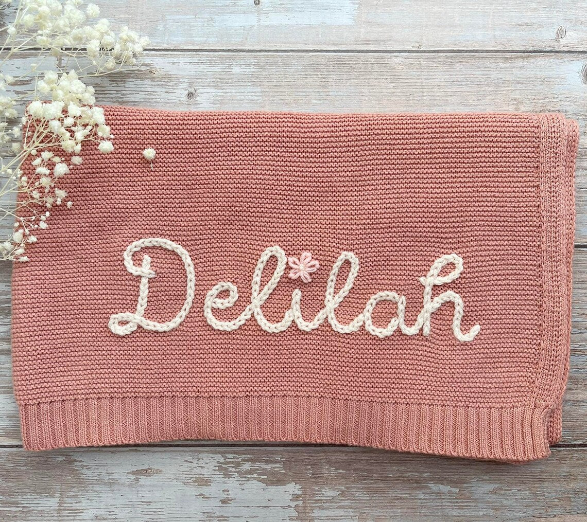 Knit Baby Blanket Personalized Hand Embroidered 100 Cotton Organic Little Lullaby Gifts